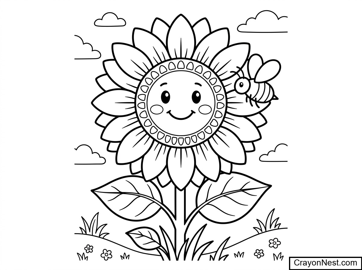 A Bee Flying Around a sunflower Coloring Page