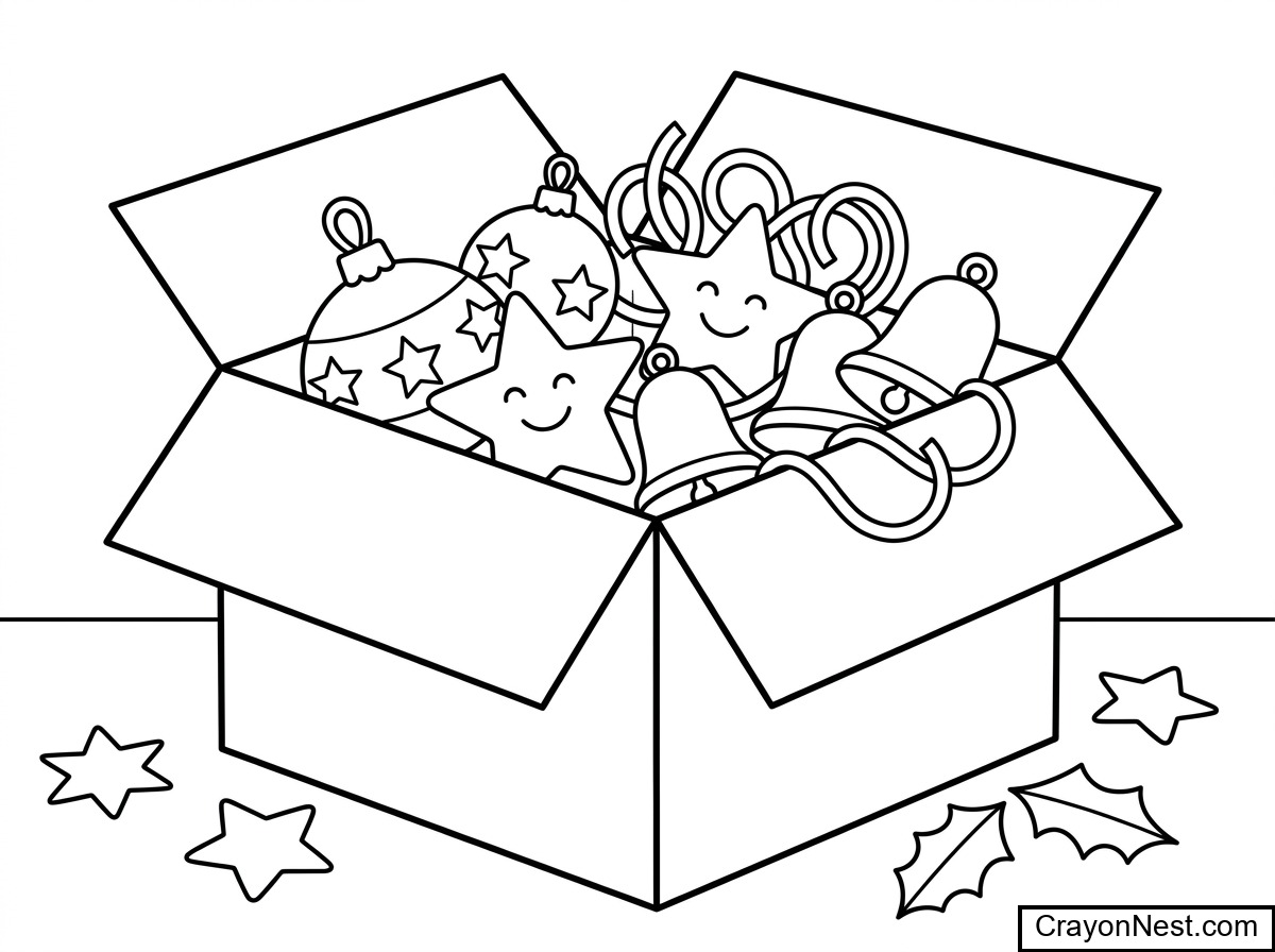 A box of Christmas tree decorations ornaments Coloring Page