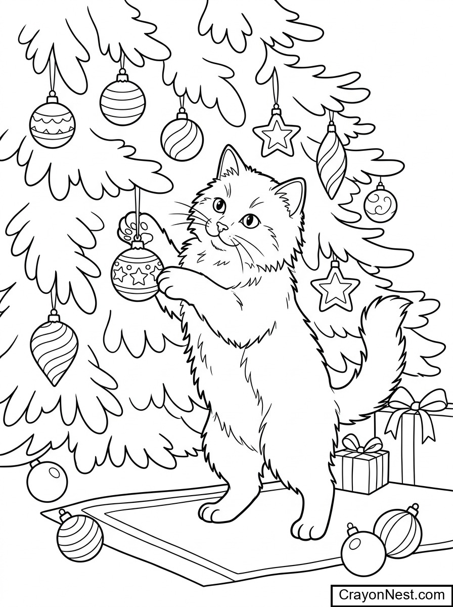 A curious cat and the Christmas Tree Colouring Page