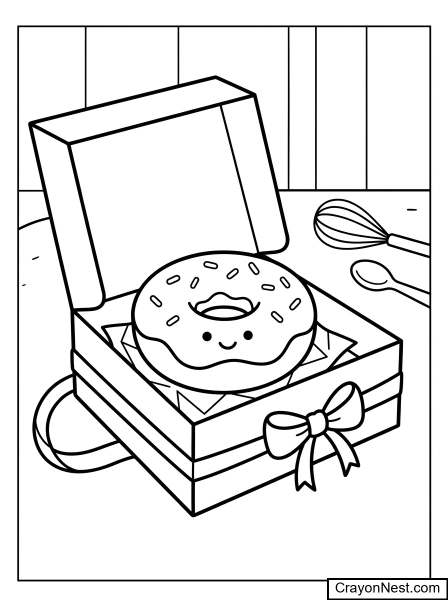 a Cute Donut in bakery box Colouring Page