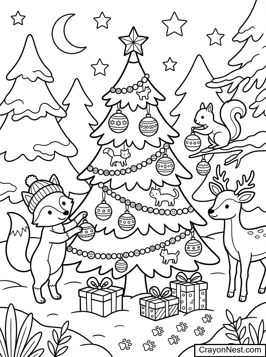 A woodland Christmas tree scene Coloring Page