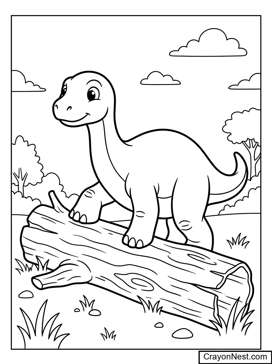 Baby Dinosaur Climbing a Log Colouring Page