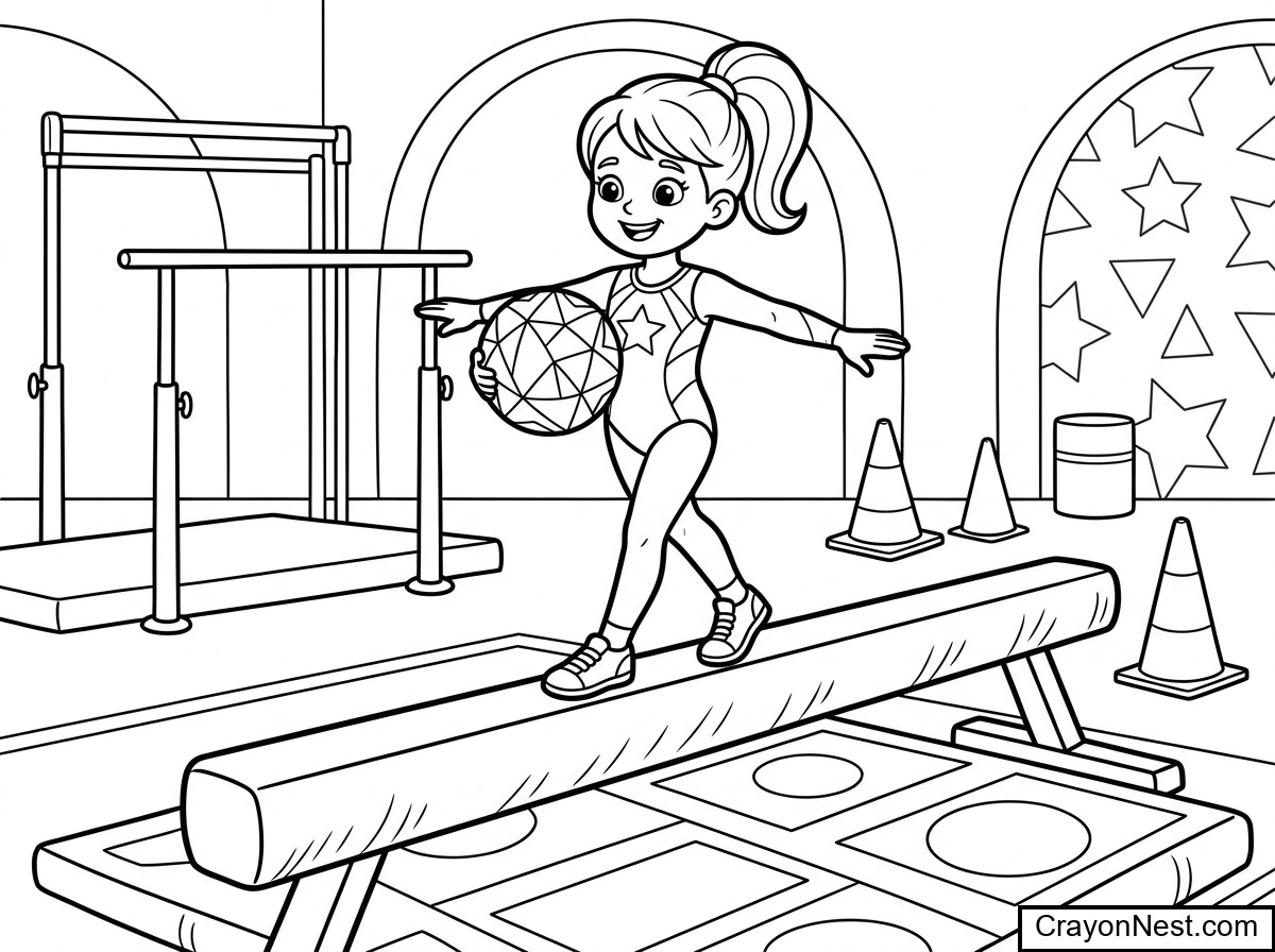 Beam Ball Game in Gymnast Colouring Page
