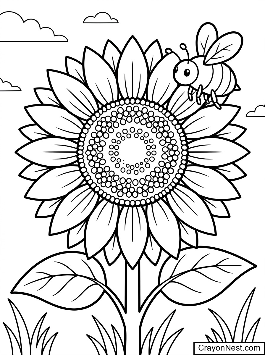 Bee on Sunflower Colouring Page