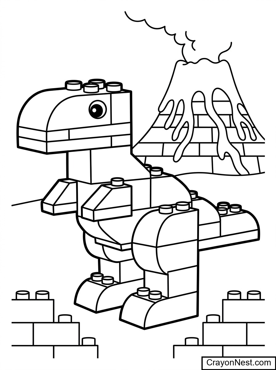 Brick Dinosaur and Volcano Colouring Page