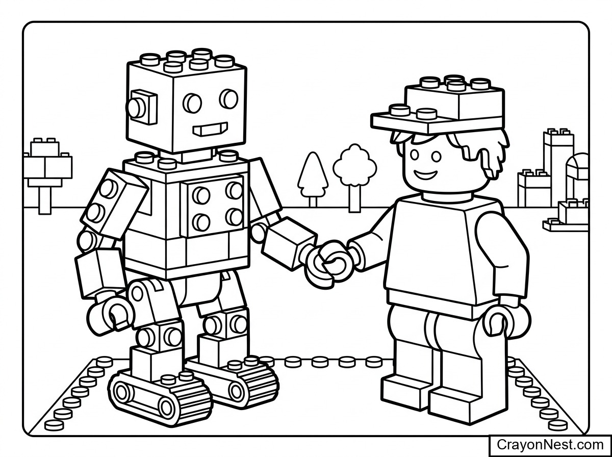 Brick Robot Child and Colouring Page