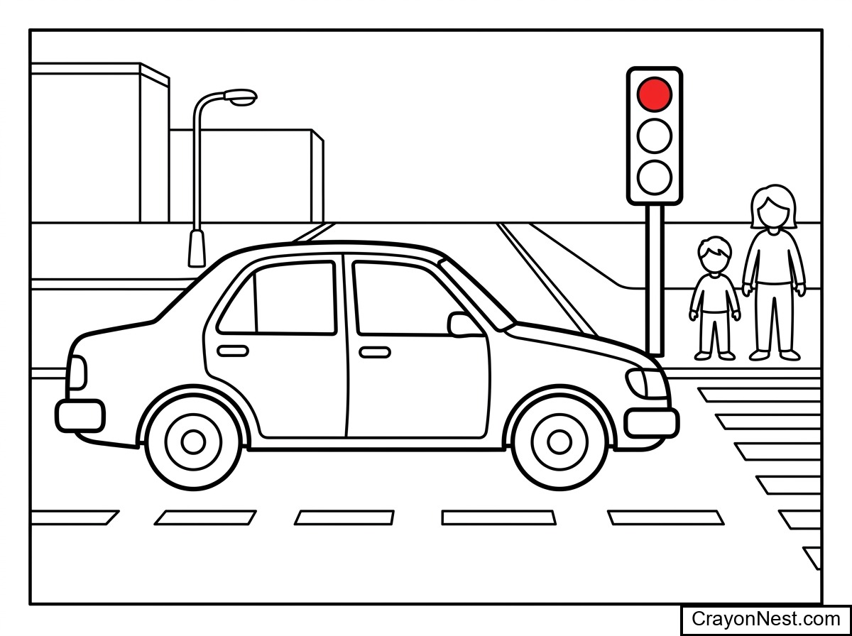 Car at Stoplight Colouring Page