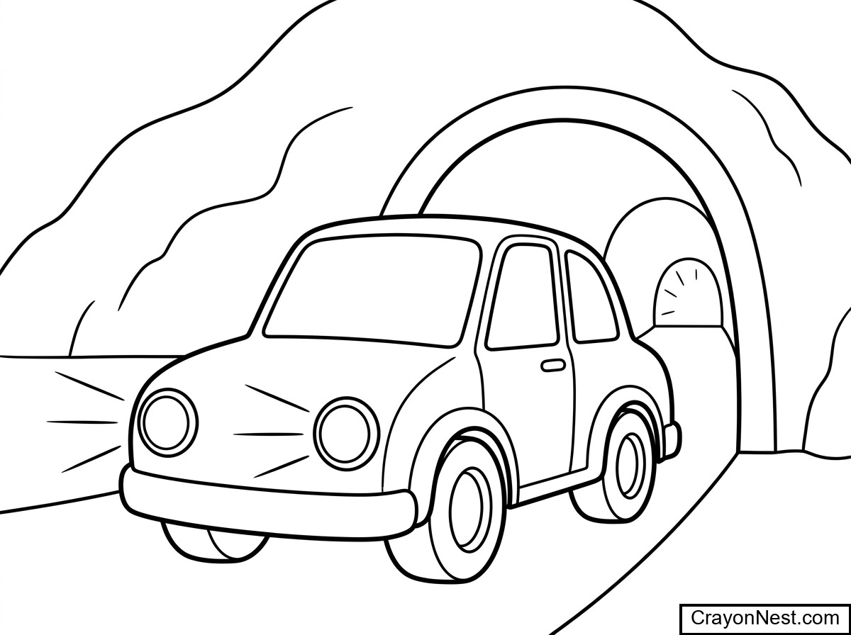 car in action entering a tunnel Colouring Page