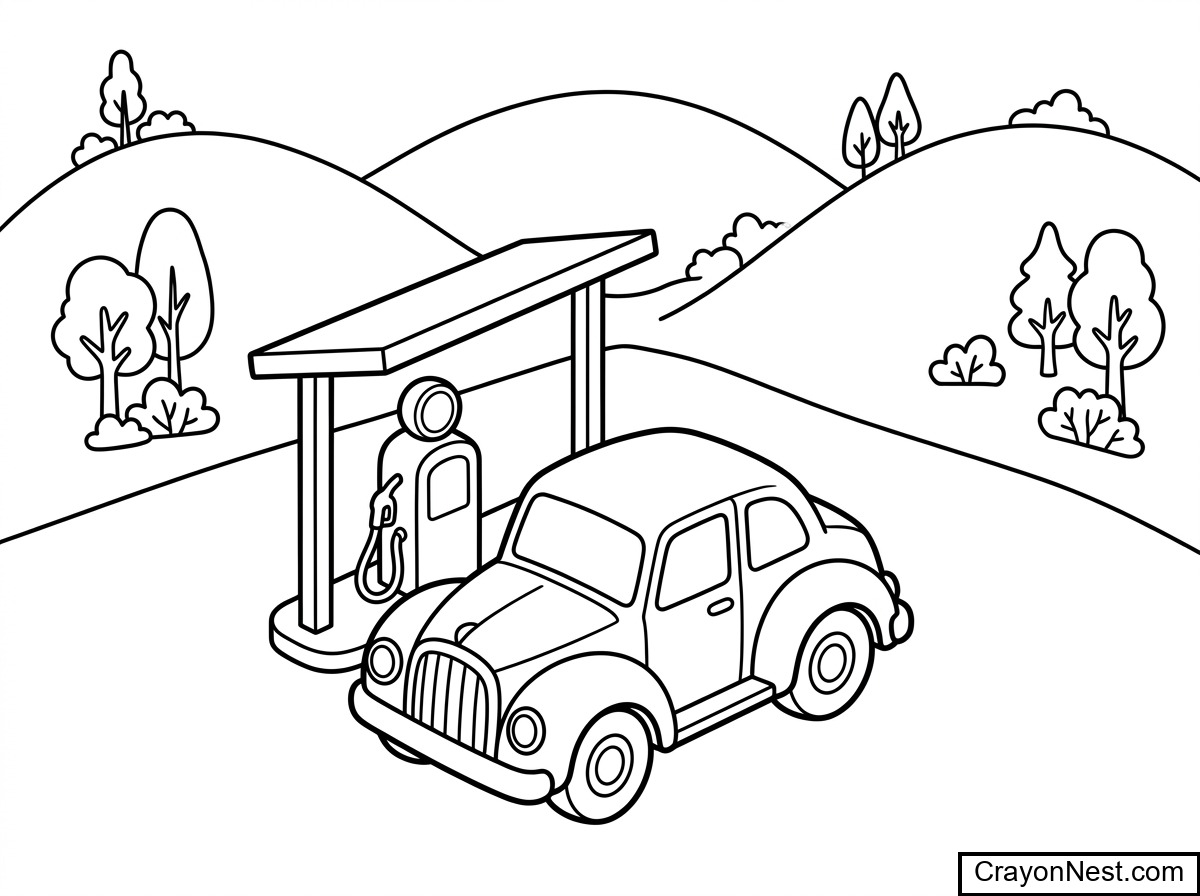 Car Scene: Fuel Stop Coloring Page