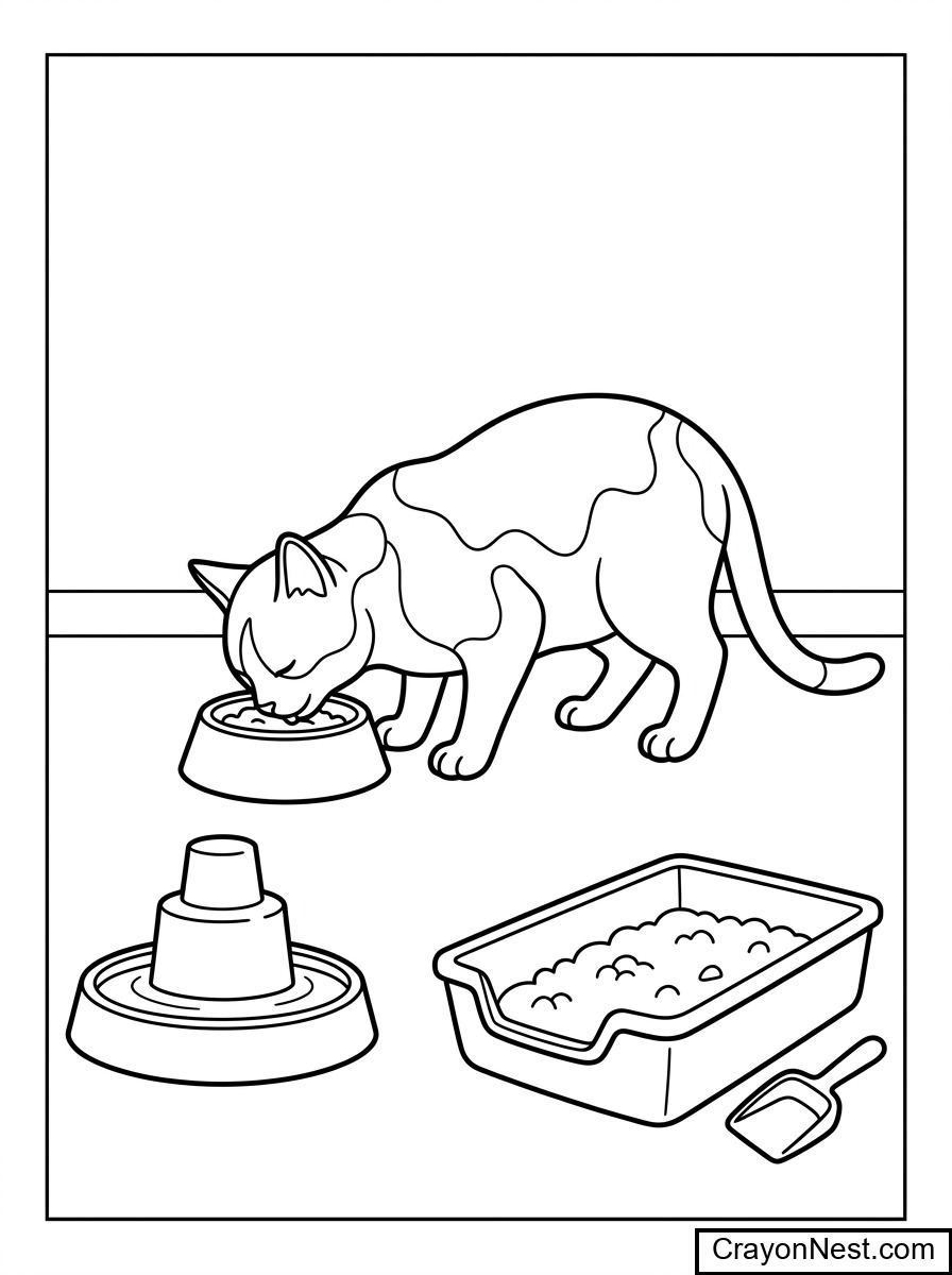 Cat Home eating from bowl Coloring Page