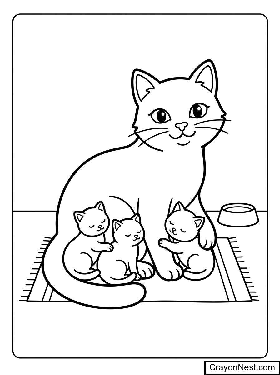 Cute Cat and Kittens Colouring Page