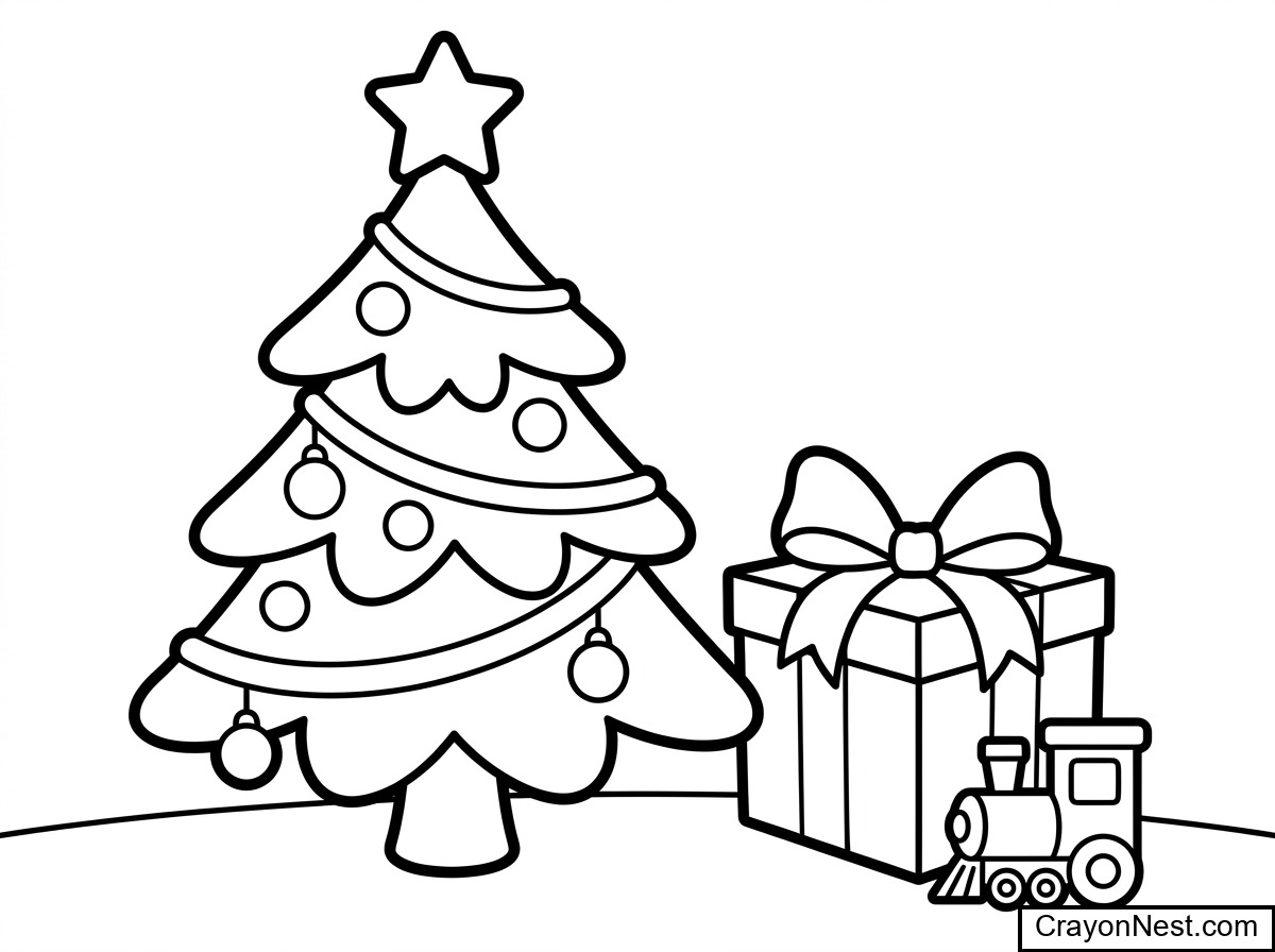 Cute Christmas Tree and Gifts Colouring Page