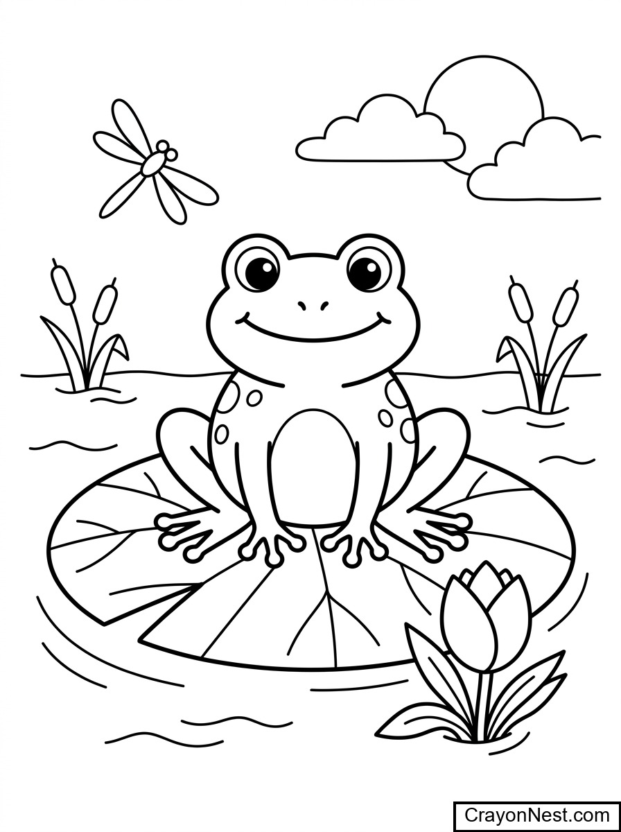 Cute Pond with a Frog Coloring Page