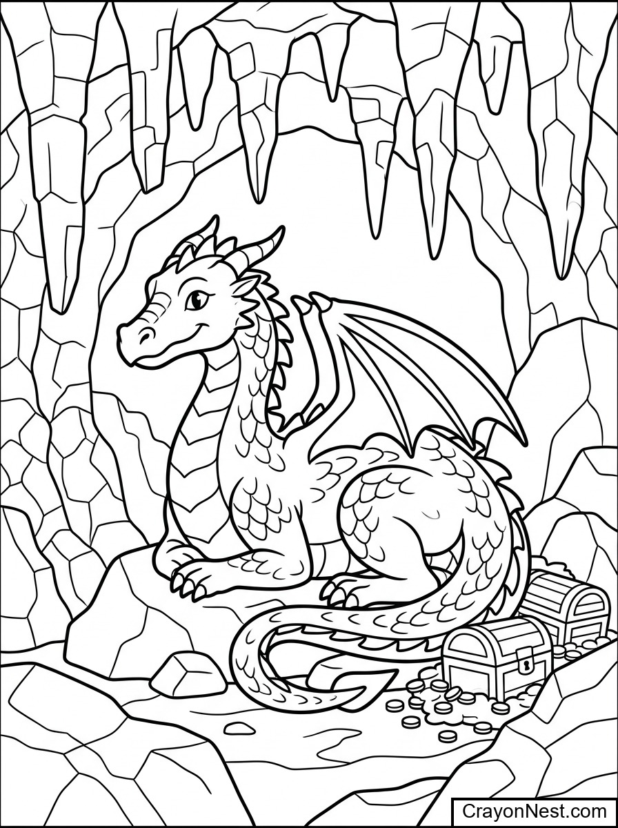 Dragon in Cave Colouring Page