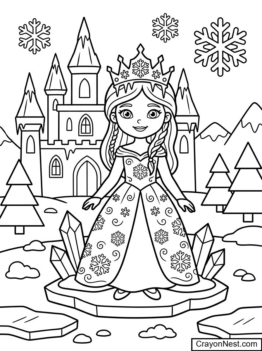 Ice Princess in Her Castle Coloring Page