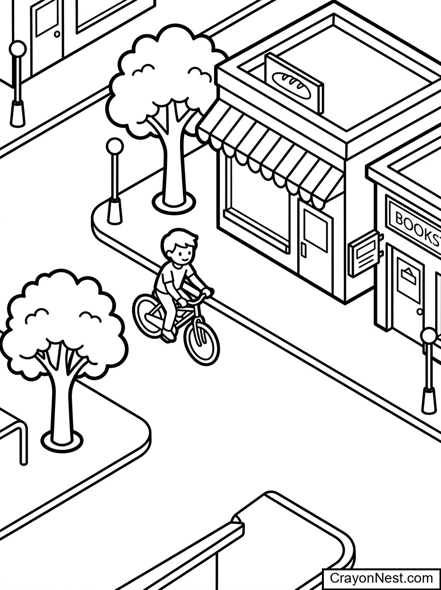 Isometric Downtown Block with open isometric downtown city block with a road, small shops, trees, and one vehicle Coloring Page