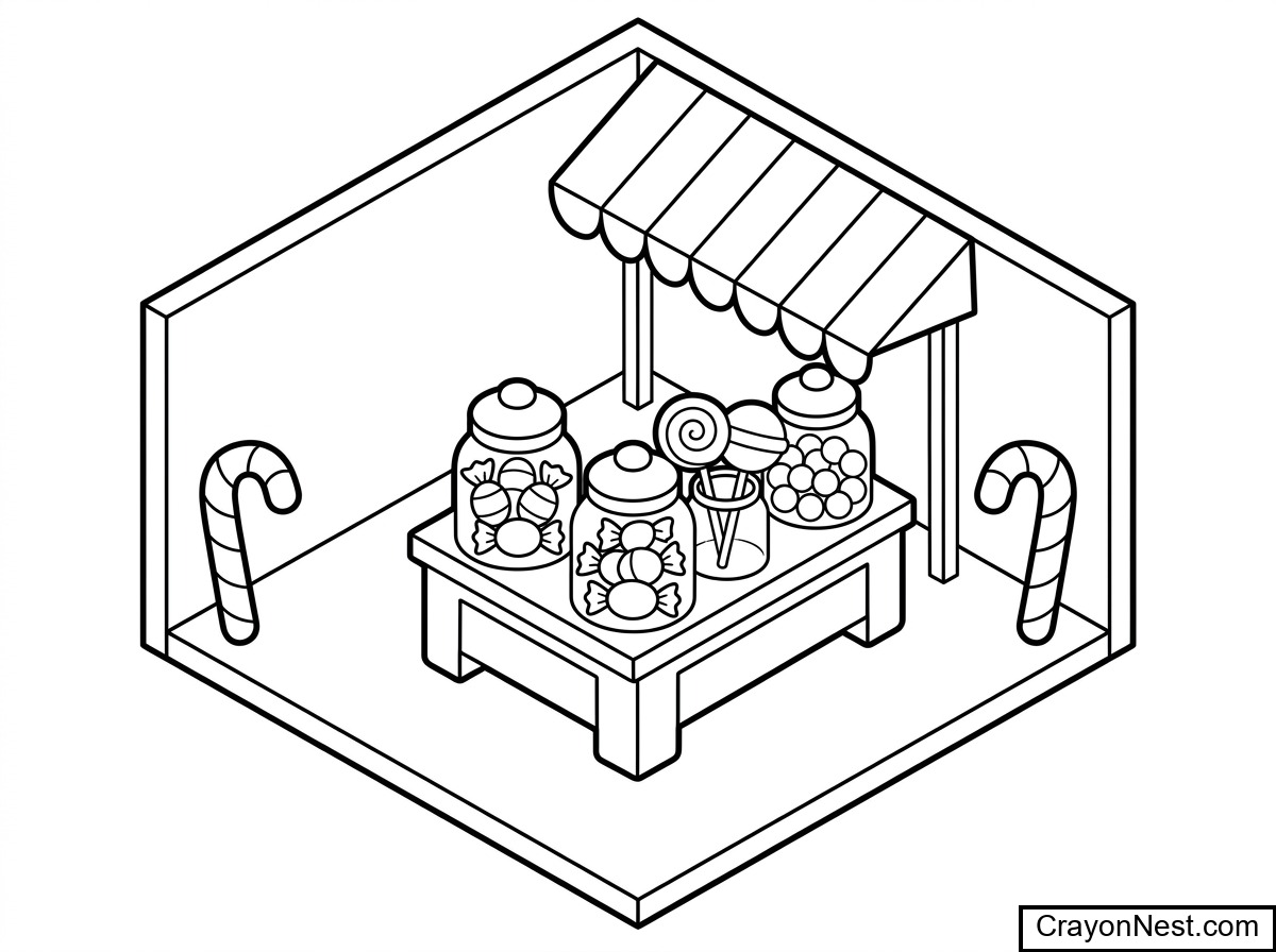 Isometric Food Shop: Candy Store Counter Coloring Page