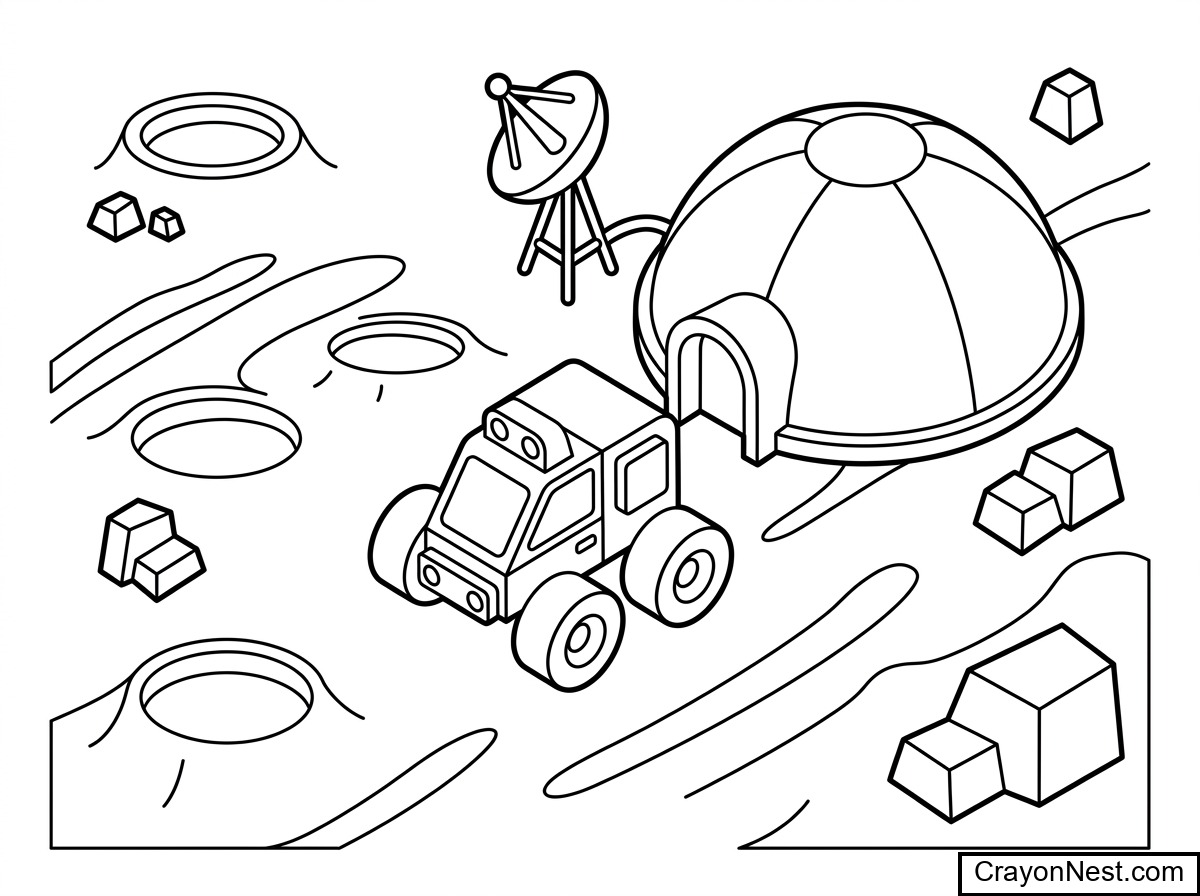 Space Base at Sunrise Colouring Page