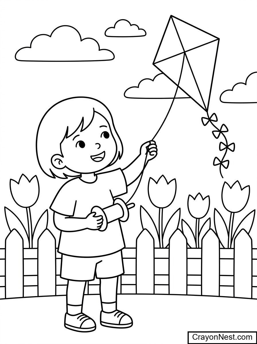 Kite Practice in spring garden Coloring Page