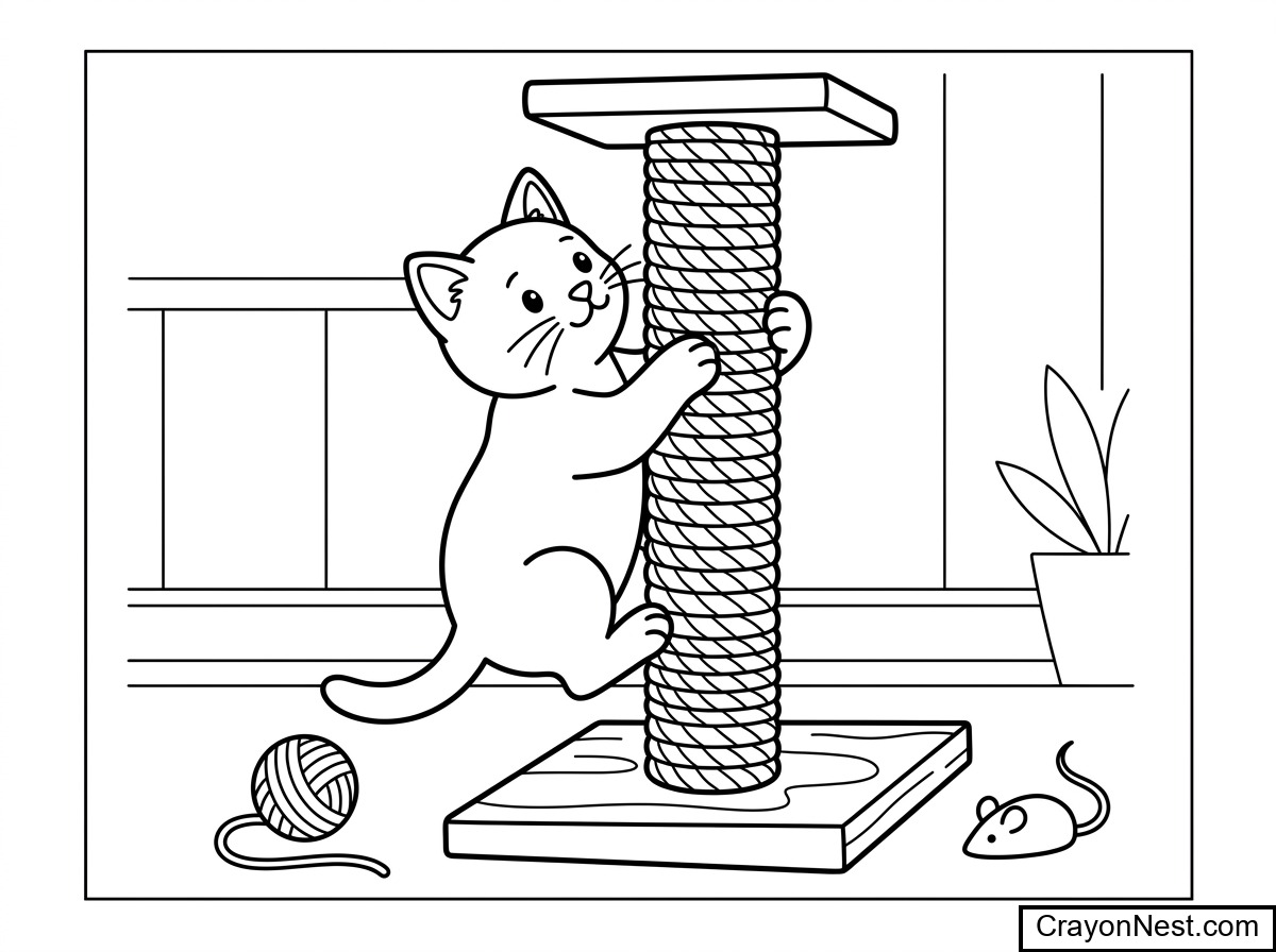 Kitten Climbing a Scratching Post Colouring Page
