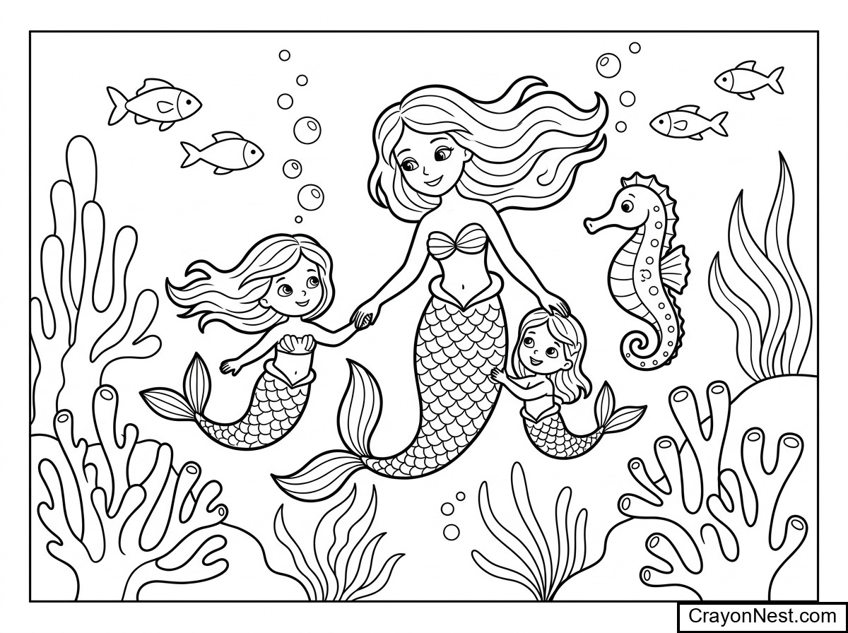 Mermaid Family Coloring Page
