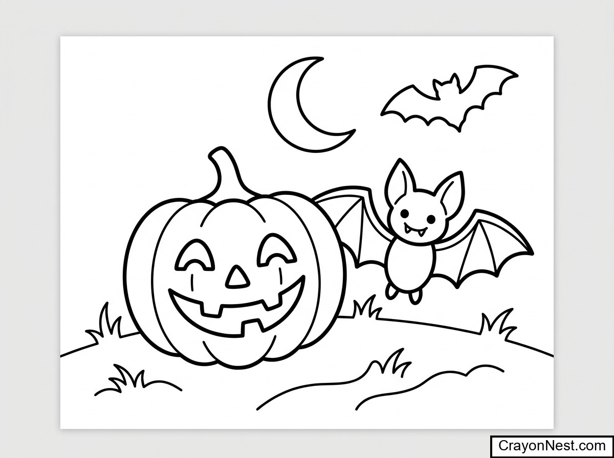 Moonlit Hill with friendly pumpkin and bat Coloring Page