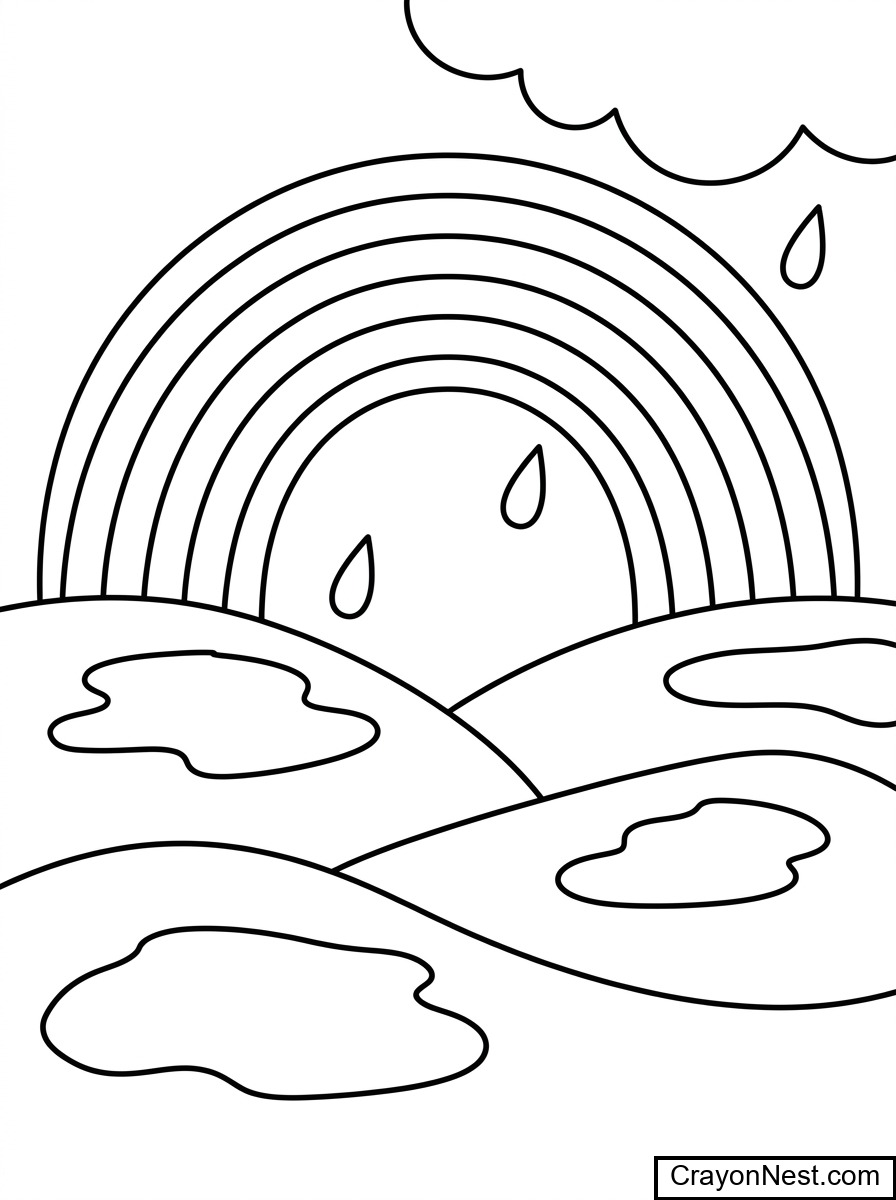 Rainbow After Rain Over Hills Colouring Page