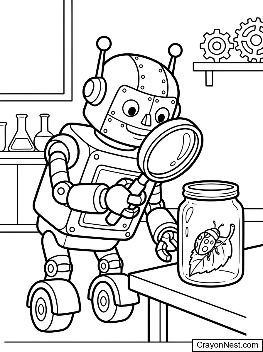 Robot Examining a Bug Colouring Page