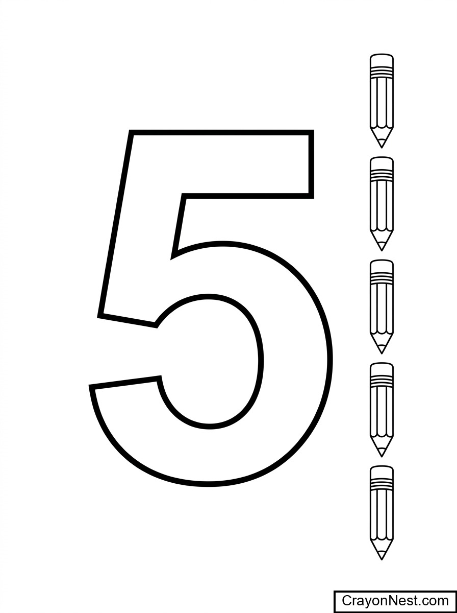 Single Number Worksheet With Matching Objects with five pencils Coloring Page