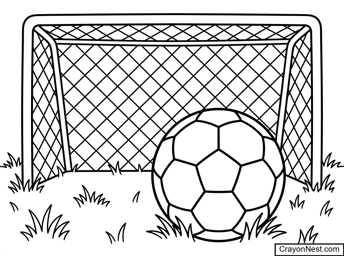 Soccer Ball by Goal Close-Up Coloring Page