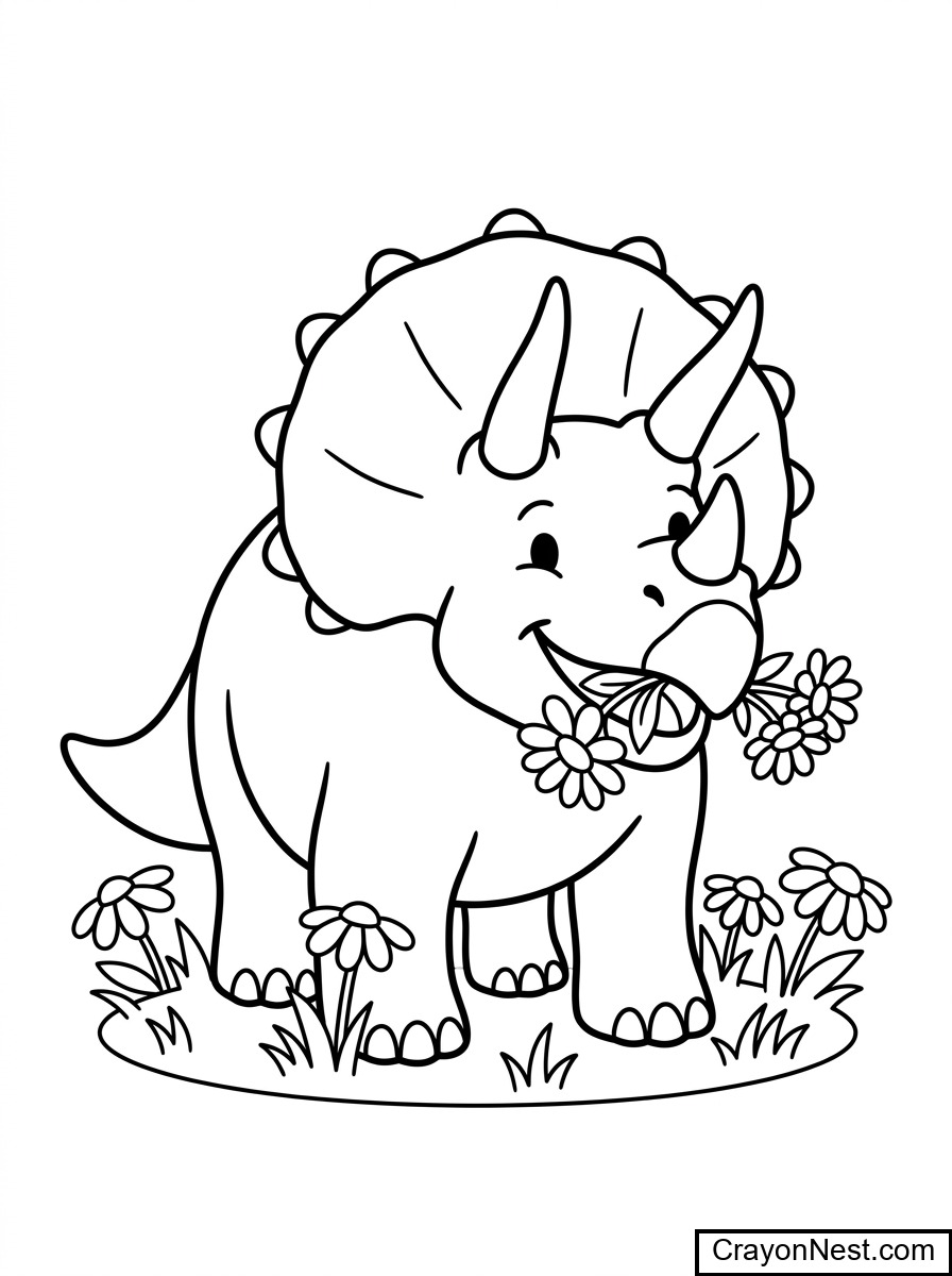 Triceratops Eating Flowers Coloring Page