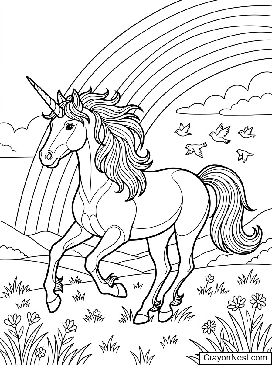 Unicorn unicorn beside a rainbow Galloping Colouring Page