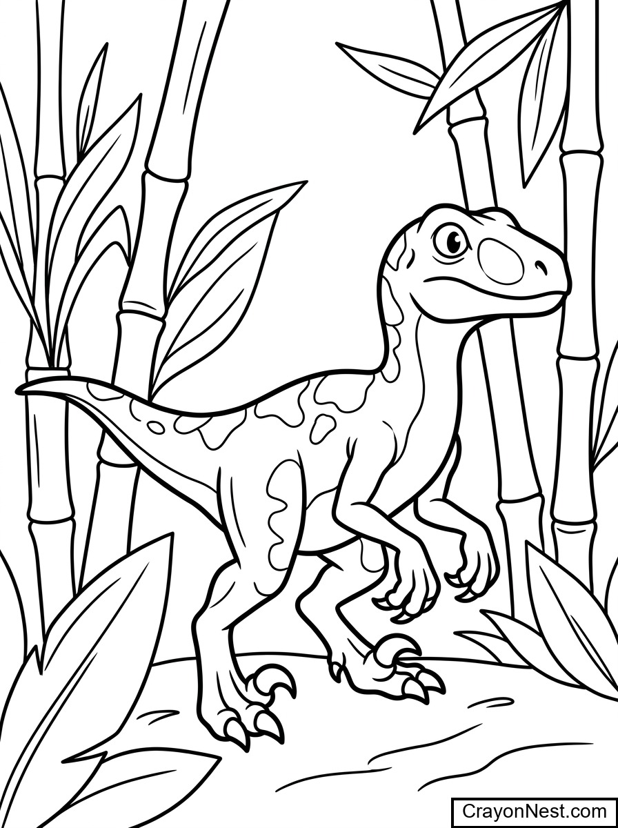 Velociraptor Habitat in Bamboo Grove Colouring Page